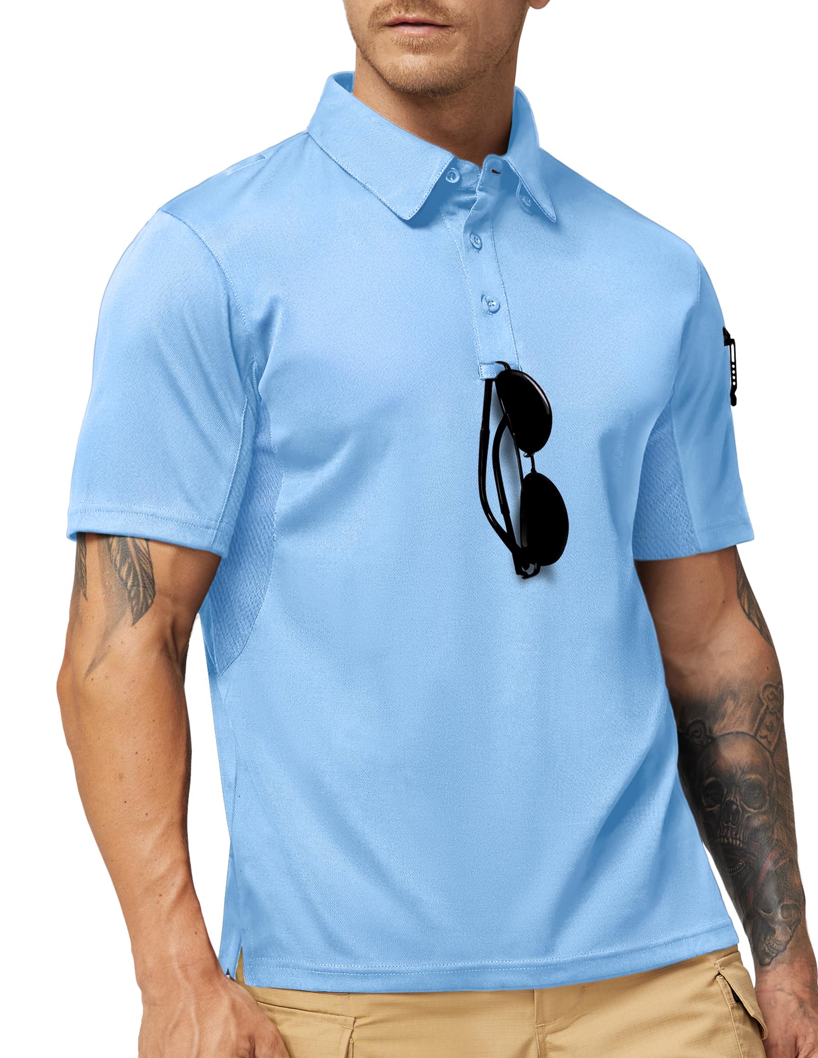 MIER Men's Outdoor Performance Tactical Polo Shirts Long and Short Sleeve, Moisture-Wicking, Light Blue, S Image