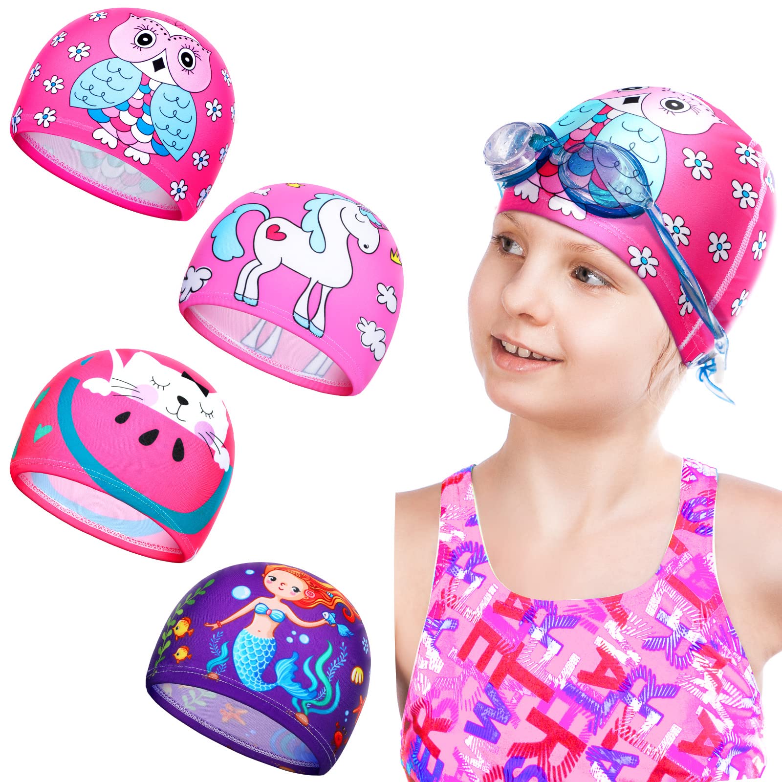 SATINIOR 4 Pieces Swim Cap for Kids Fabric Swimming Hat Waterproof Elastic Swim Caps for Long Hair and Short Hair (Lovely Style)