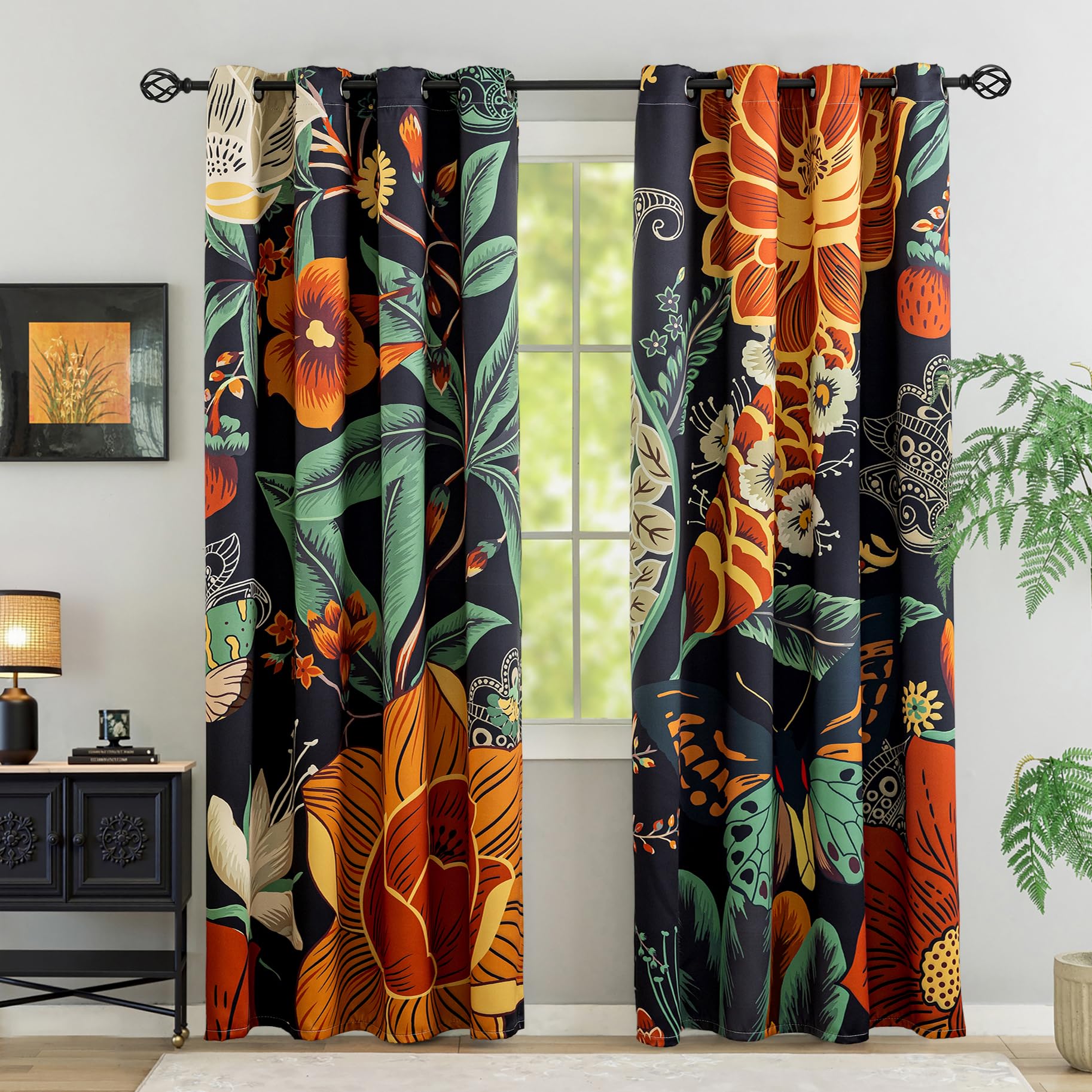 Photo 1 of Tyrot Black Boho Floral 100% Blackout Curtains for Bedroom 84 inch Long 2 Panels Vintage Botanical Black Out Curtains for Living Room Grommet Thermal Insulated Room Darkening Window Drapes,52Wx84L