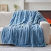 Lotus Karen Faux Fur Throw Blanket - Stripe Faux Rabbit Fur Blanket for Couch, Cozy Soft Fluffy Fuzzy Blanket, Warm Thick Furry Plush Shaggy Small Blankets for Women, Blue,50x60 Inches
