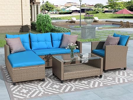 Amazon Com Merax 4 Piece Conversation Set Wicker Rattan Sectional Sofa Patio Furniture Set Blue Garden Outdoor