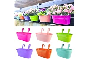 LÁLÁGREEN LaLaGreen Outdoor Hanging Planter (11.2 Inch, 6 Pack) Light Blue, Green, Neon Pink, Dark Blue, Orange, Peachy Pink Metal Iron Window Box Flower Pot Deck Railings Fence Rails Buckets Porch Garden Decor