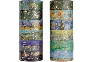 Lychii Washi Tape Set, 12 Rolls Gold Foil Van Gogh Oil Painting Patterns 5M/16.4Ft Long Decorative Masking Tapes for Planners, Calendar, Scrapbook, Journal - 15 mm