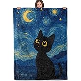 PLKRL Cat Blanket, Soft Cozy Lightweight Flannel Throw Blanket for Living Room Bedroom Travel Home, Dreamy Oil Painting Decor, 50x60 Inch, Kitten and Starry Night Blankets Gifts for Women Kids Girls