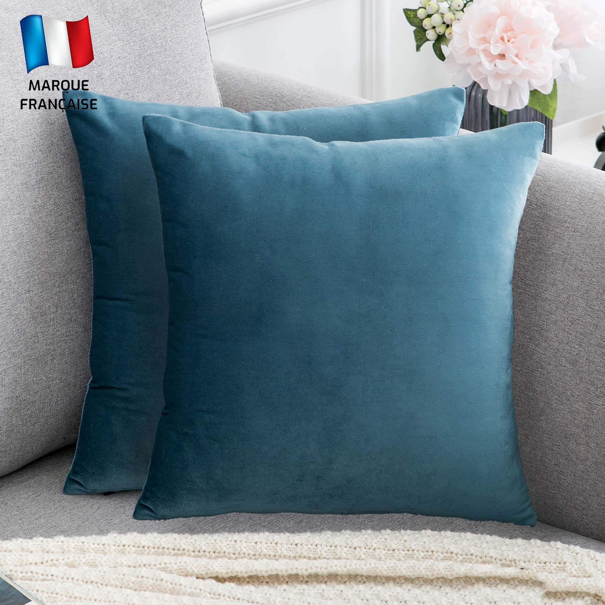 Douceur De Plumes Set of 2 Cushion Cover Teal Blue Velvet 16x16 Inch Plain, Soft and Modern Rectangular Pillowcase, Scandinavian Living Room Decoration Bedroom Sofa (2 Teal Blue)