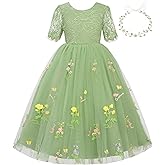Uhnice Flower Girl Lace Tulle Dress Floral Embroidery Gown Elastic Waist with Headband for Wedding Birthday Party