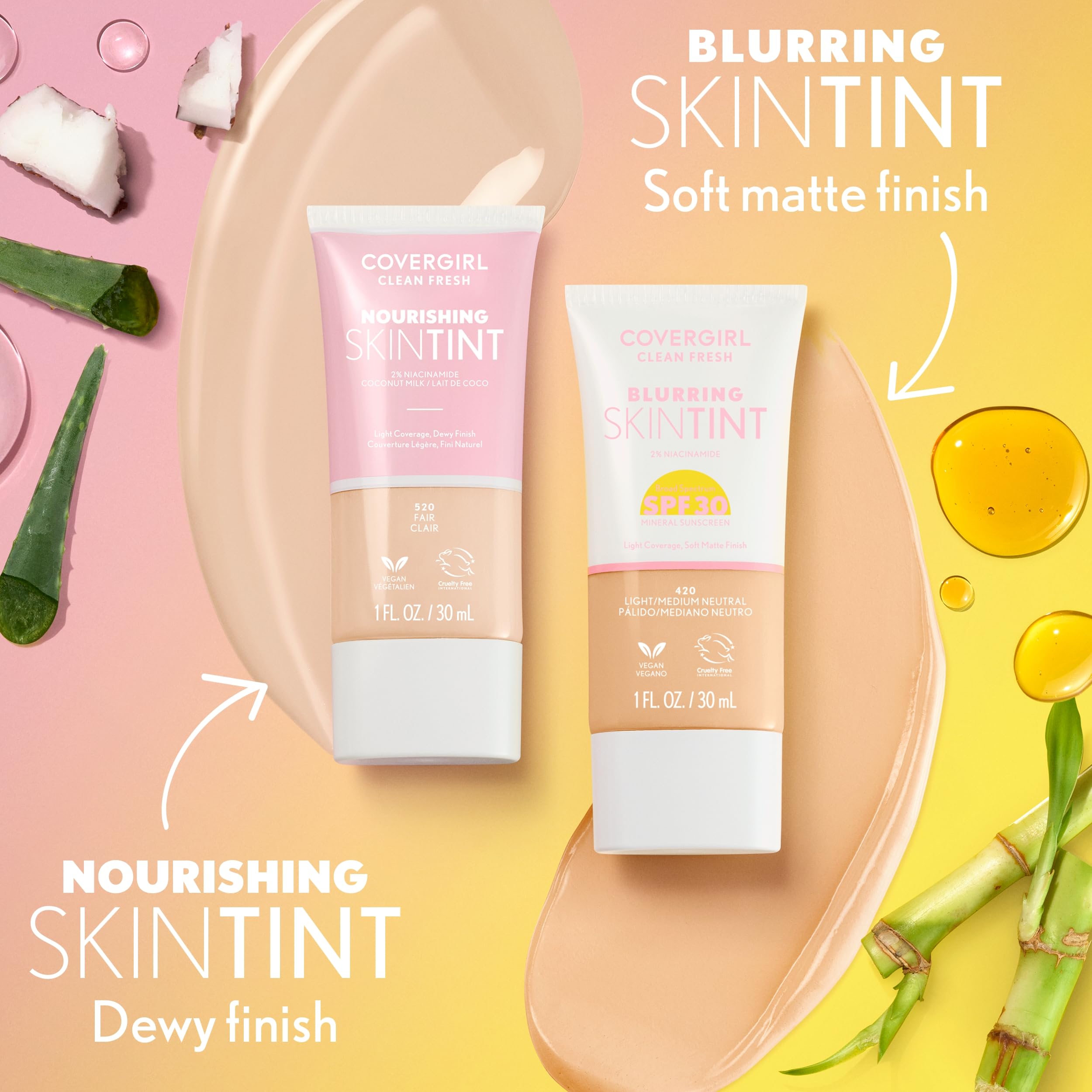 COVERGIRL Clean Fresh Nourishing Skin Tint, 550 Light/Medium, Liquid Foundation, Dewy Finish, Infused with Coconut & Aloe, Vegan Formula