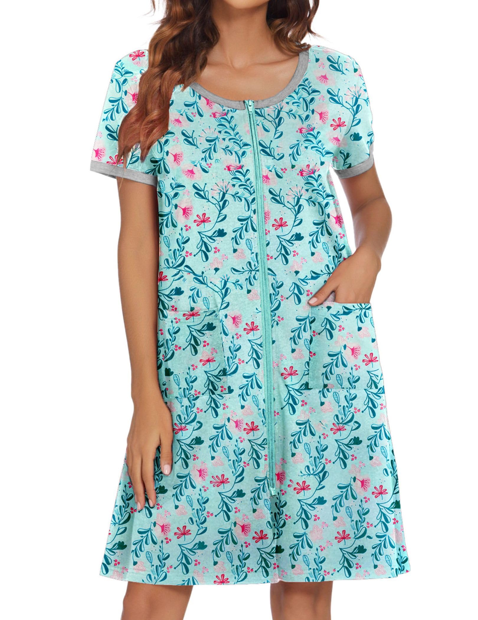Photo 1 of ** SOLD AS IS, NO REFUND/RETURN** SEE COMMENTS!
 Women Zipper Front House Coat Short Sleeves Robe Zip Up Bathrobes Short Nightgown with Pockets S-3XL