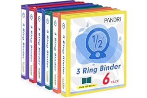 3 Ring Binder 0.5 Inch, PANDRI 6 Pack 1/2-Inch Binder Fits Letter Size 8.5'' x 11'' Paper, Versatile Binders for Office Home School, 2 Pockets, Assorted 6 Color