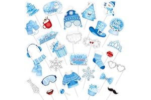 KALEFO 30Pcs Hello Winter Photo Booth Props Winter Wonderland Party Decorations Snowflake Photo Booth Props Kit Wedding Holiday Birthday Skiing New Year Party Supplies