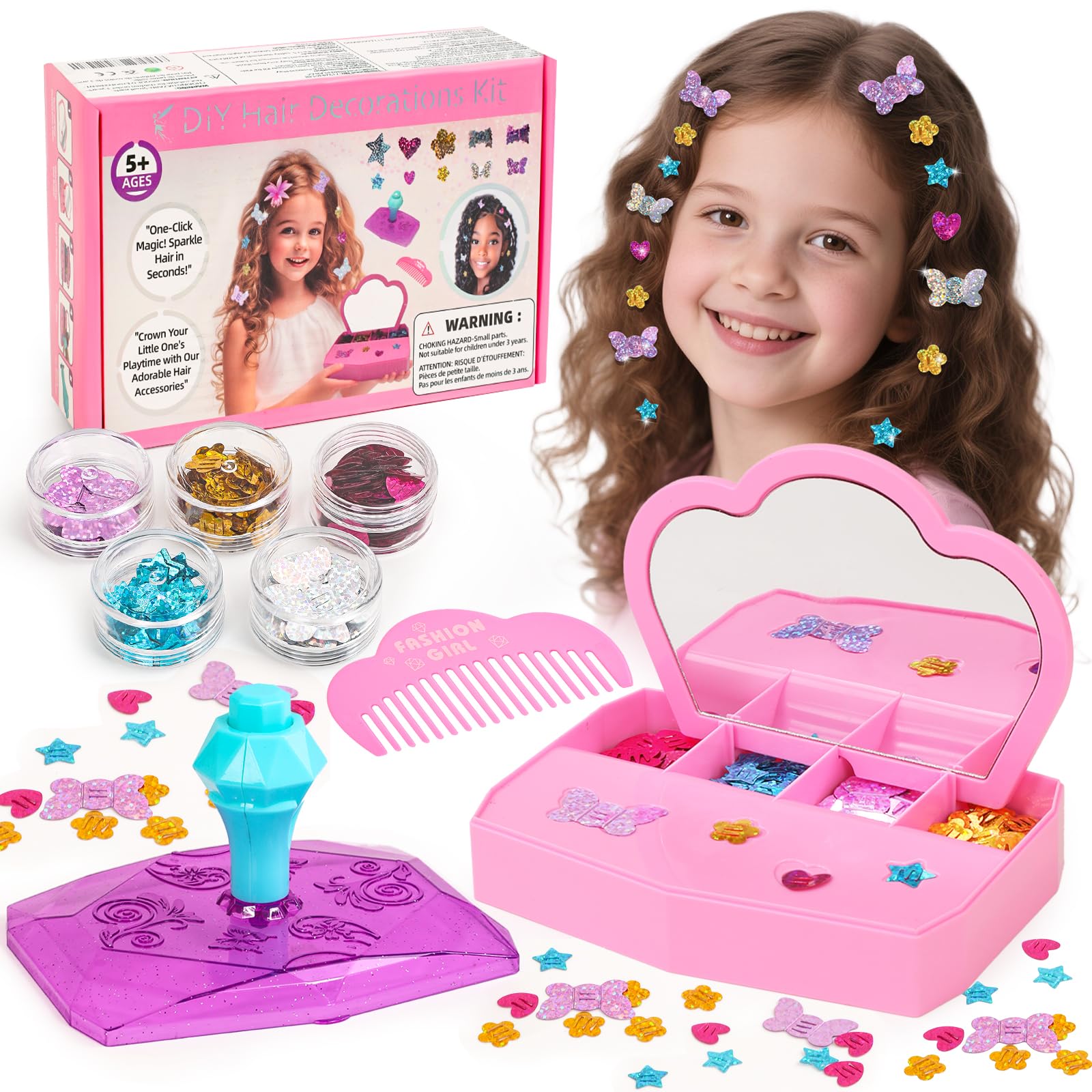 Photo 1 of Hair Gem Stamper Kit, Sparkling Hair Jewels Styling Tool for Girls, Creative DIY Hair Art Crafts with Glitter Sequins, Birthday Party Gifts Toys for Girls Ages 3-12 Years Old
