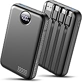 HAIARA Portable Charger 10000mAh Power Bank with 4 Built-in Cables,LED Display Compact and Battery Pack with Multiple USB Ports All-in-One Travel Charger for iPhone,Android and Other Devices-Black