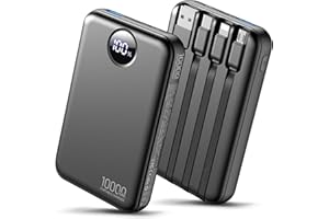 HAIARA Portable Charger 10000mAh Power Bank with 4 Built-in Cables,LED Display Compact and Battery Pack with Multiple USB Ports All-in-One Travel Charger for iPhone,Android and Other Devices-Black