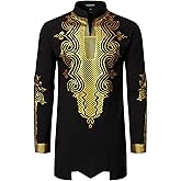 LucMatton Men's Traditional African Dashiki Long Sleeve Slim Fit Tunic Shirt with Metallic Foil Stamping Mandarin Collar