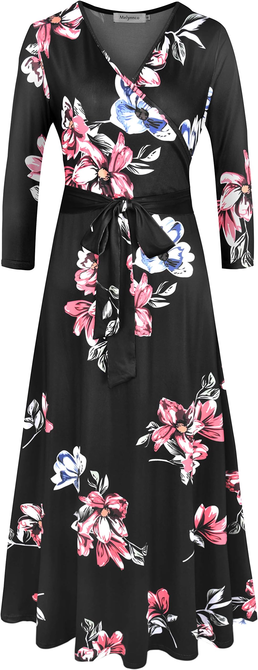 Melynnco Women's 3/4 Sleeve Faux Wrap V Neck Vintage Floral Summer Maxi Dress