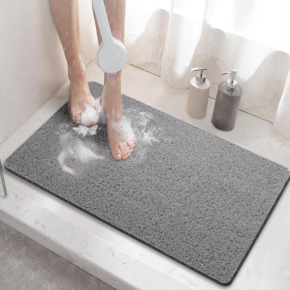 HITSLAM Shower Mat Non Slip 60x40 cm Drain Quick Dry Grey PVC Loofah