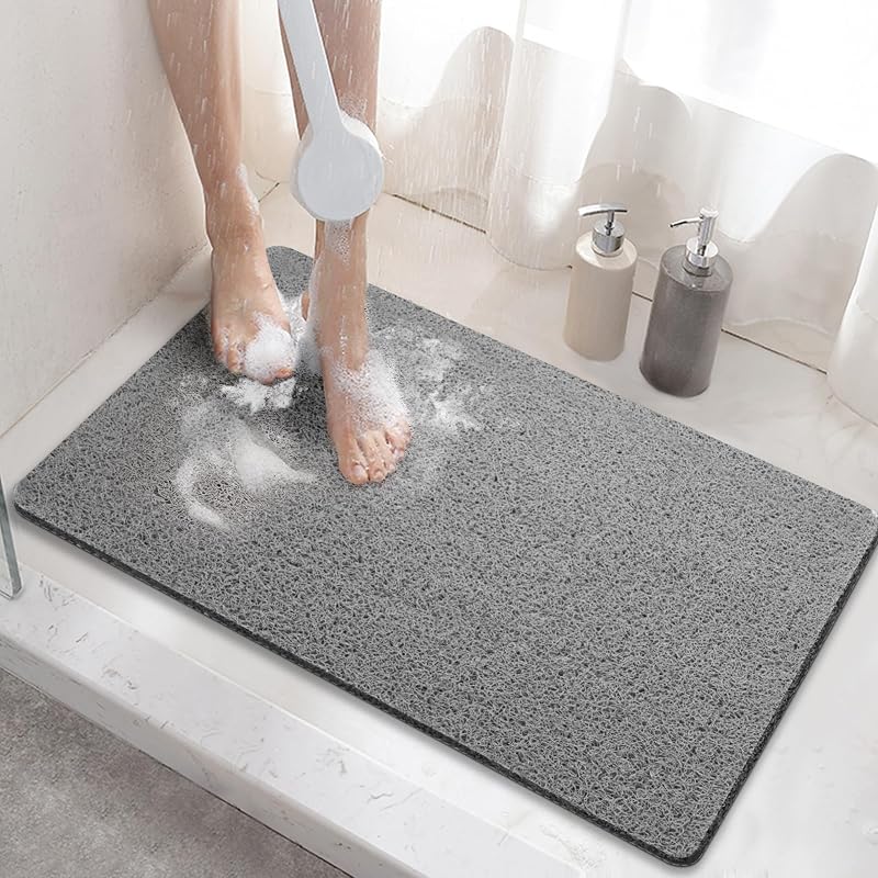 HITSLAM Shower Mat Non Slip 60x40 cm Drain Quick Dry Grey PVC Loofah