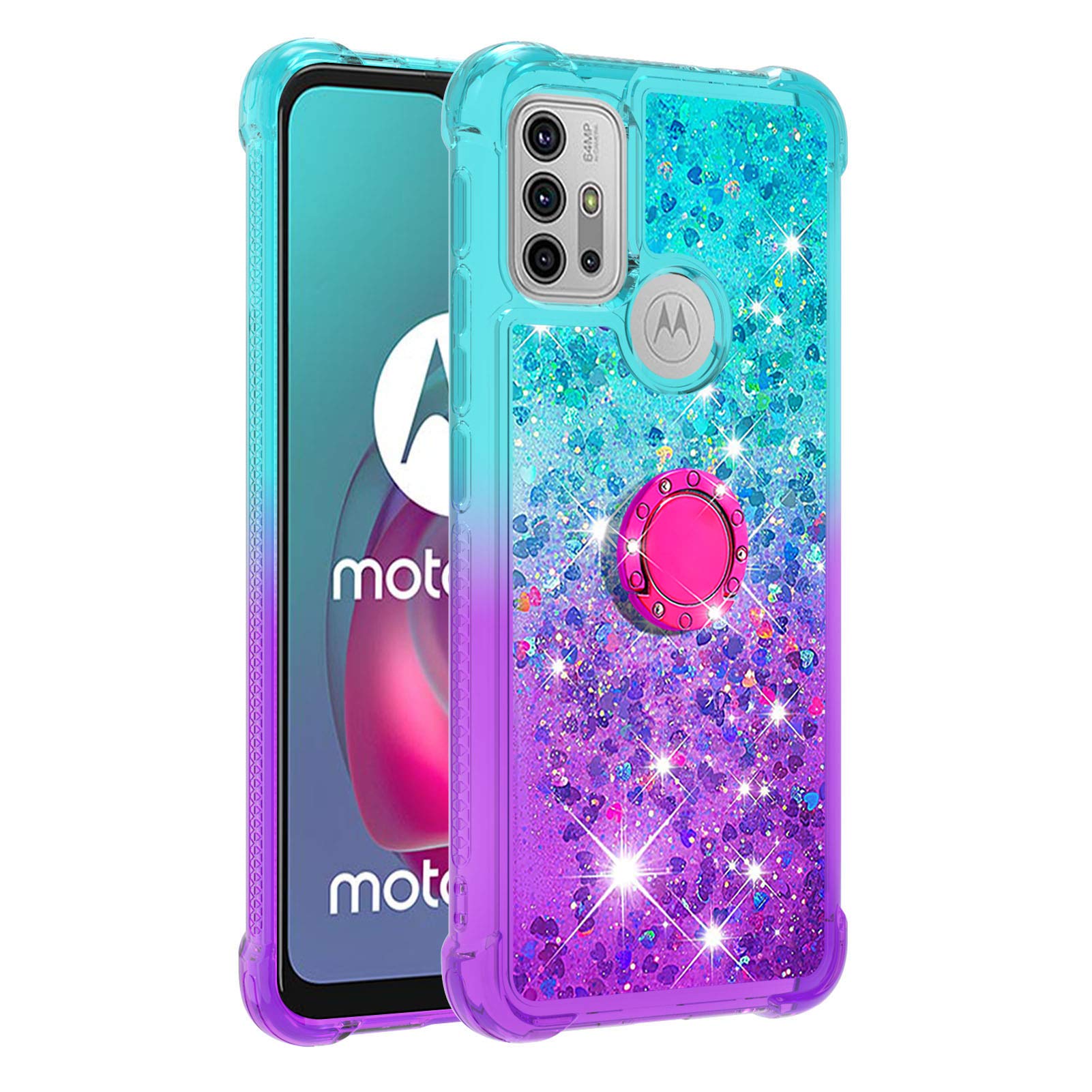 Motorola Moto G30/Moto G10 Case with Ring Buckle Stand, ShockProof Silicone Gradient Two-Tone Glitter Quicksand Floating Liquid Soft TPU Protective Phone Case for Moto G30/Moto G10, Sky-Blue & Purple