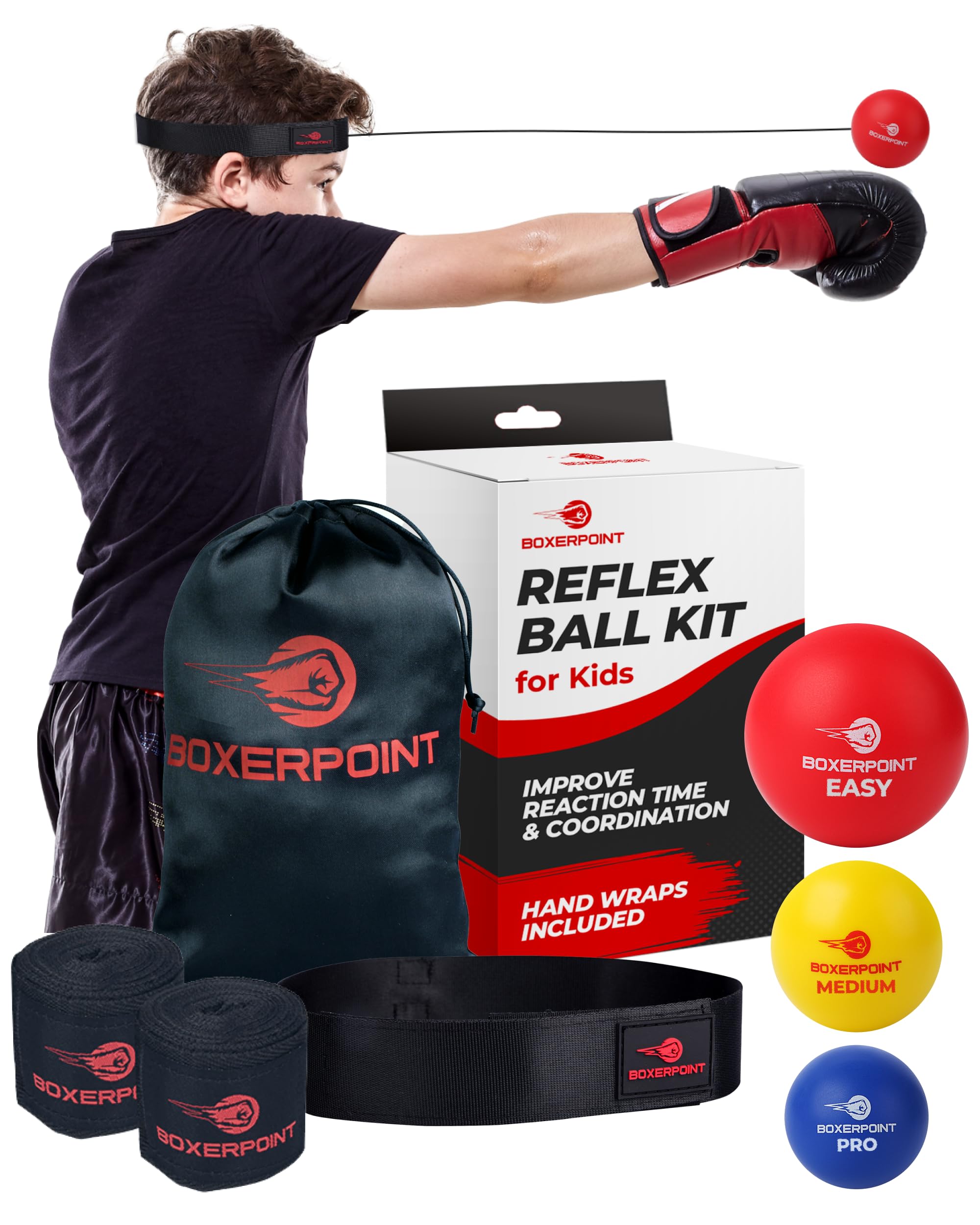 Boxerpoint Boxing Reflex Headband Training Ball Set - S, Multi-Colour, Kids - Boxing for Kids & Gym Equipment with Hand Wraps & Carry Bag - Reflex Training Ball Kit & Gifts for Sporty Boys