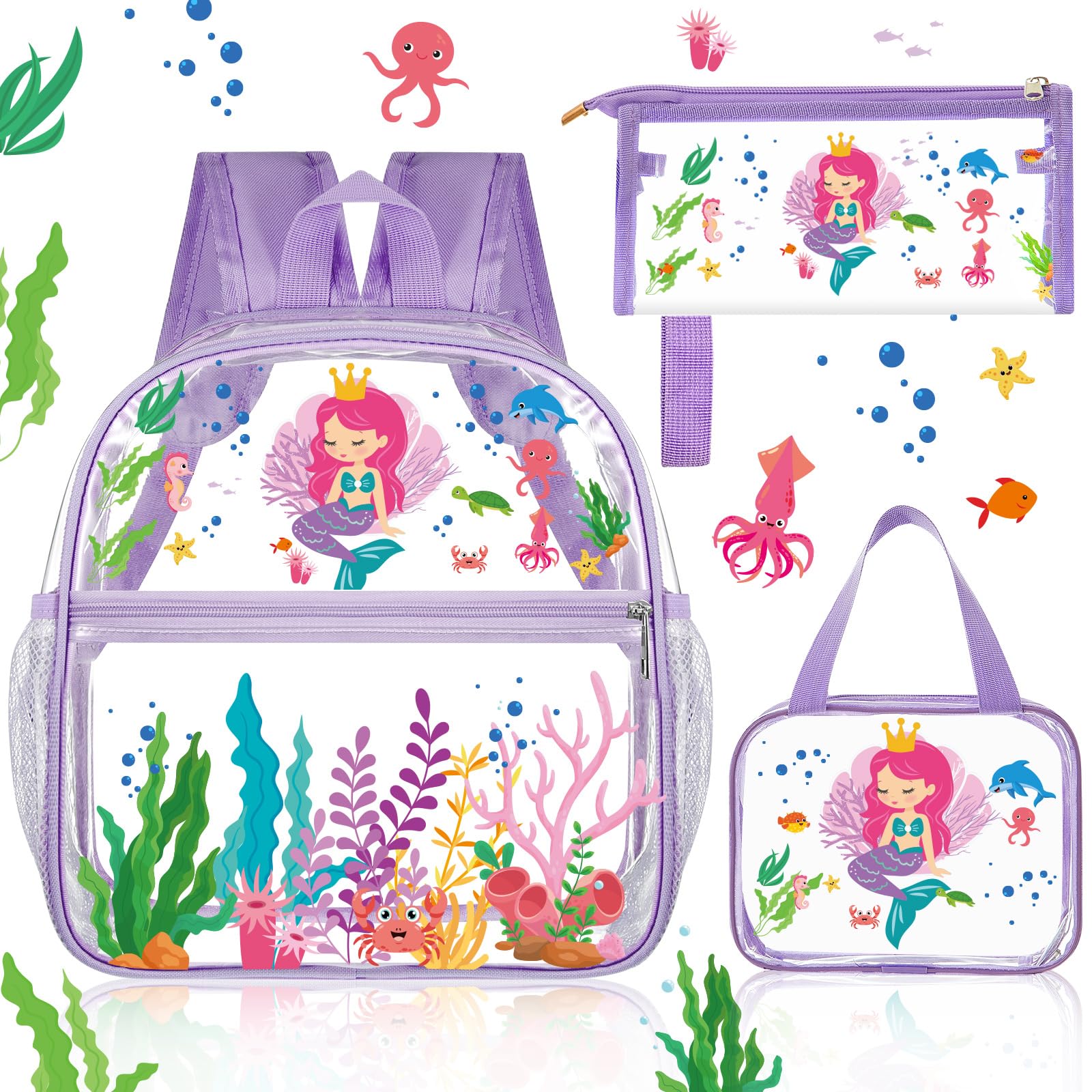 Photo 1 of 3 Pcs Mermaid Toddler Clear Backpack Set for Kids Aged 3 to 8, 12 Inch Mini Toddler Backpack for Stadium Events Clear See Through Cute Bag for Kids Preschool Kindergarten Sports Concert (Purple)