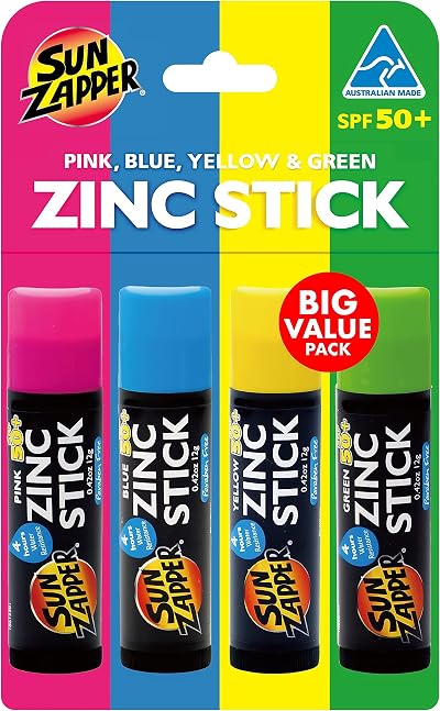 Sun Zapper Zinc Stick SPF50+ Sunscreen 4-Pack Pink Blue Green Yellow Face Kids