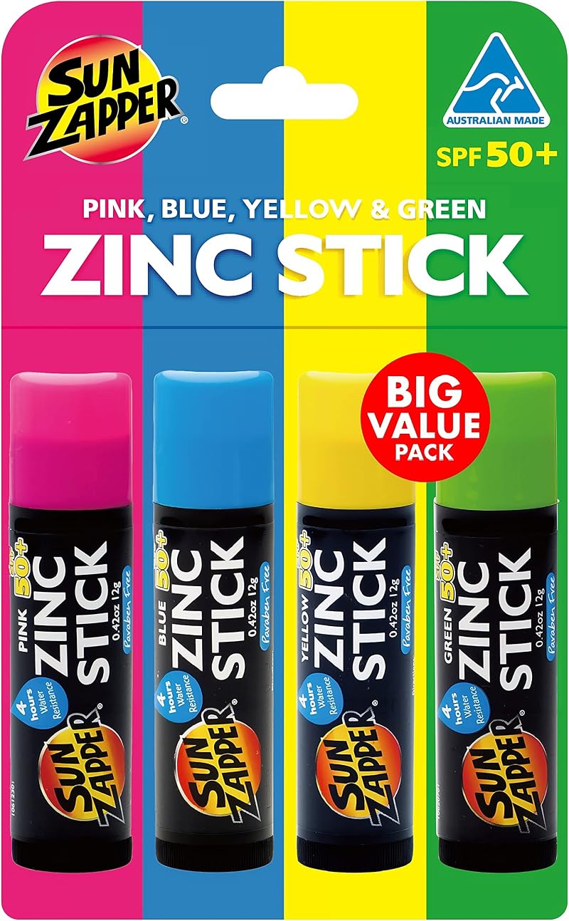 Sun Zapper Zinc Stick SPF50+ Sunscreen 4-Pack Pink Blue Green Yellow Face Kids