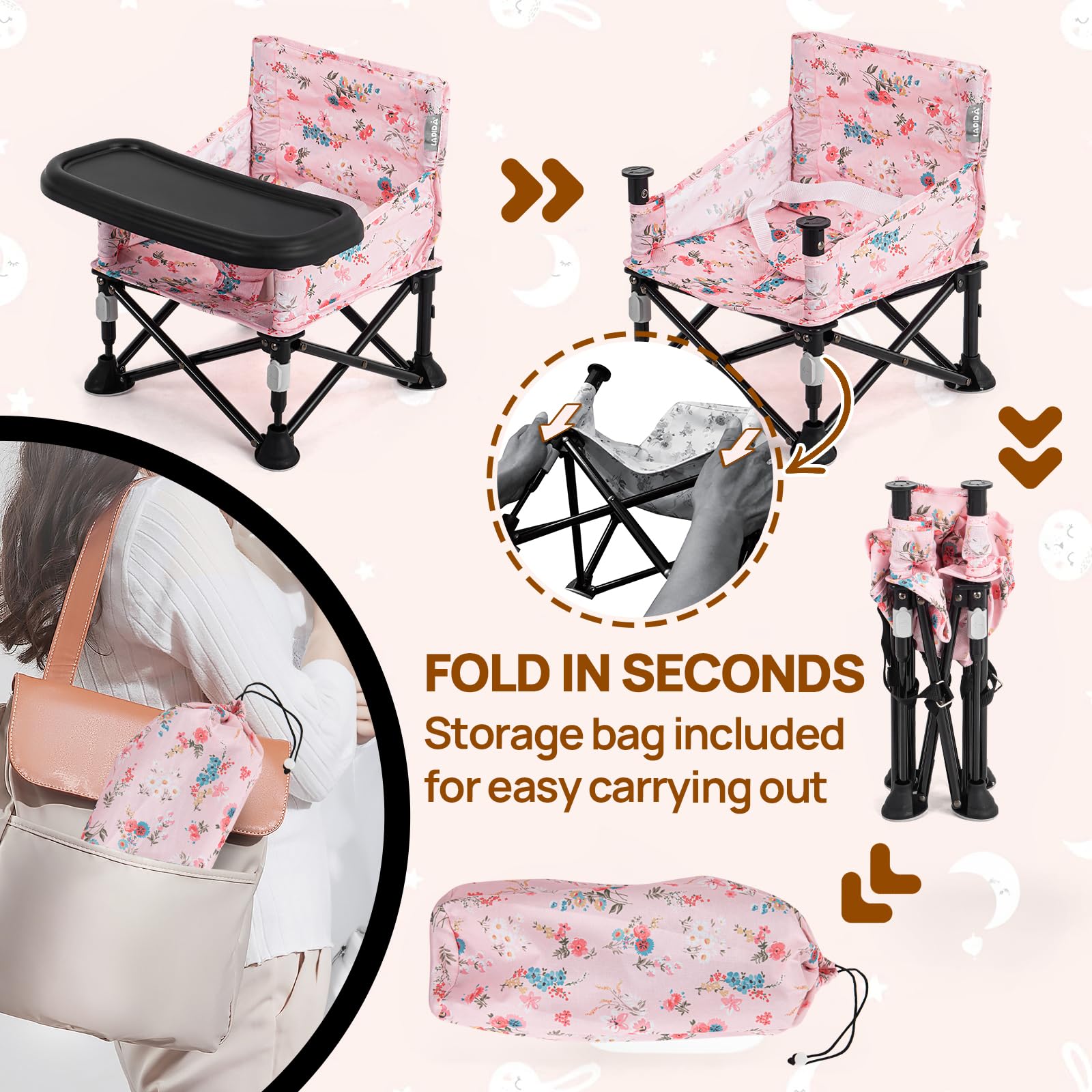 Booster Seat for Kitchen Chair with Removable Tray, Portable Foldable Baby Chair for Babies 6-36 Months, Indoor Outdoor Toddler Camping Chair (Pink Floral Design)