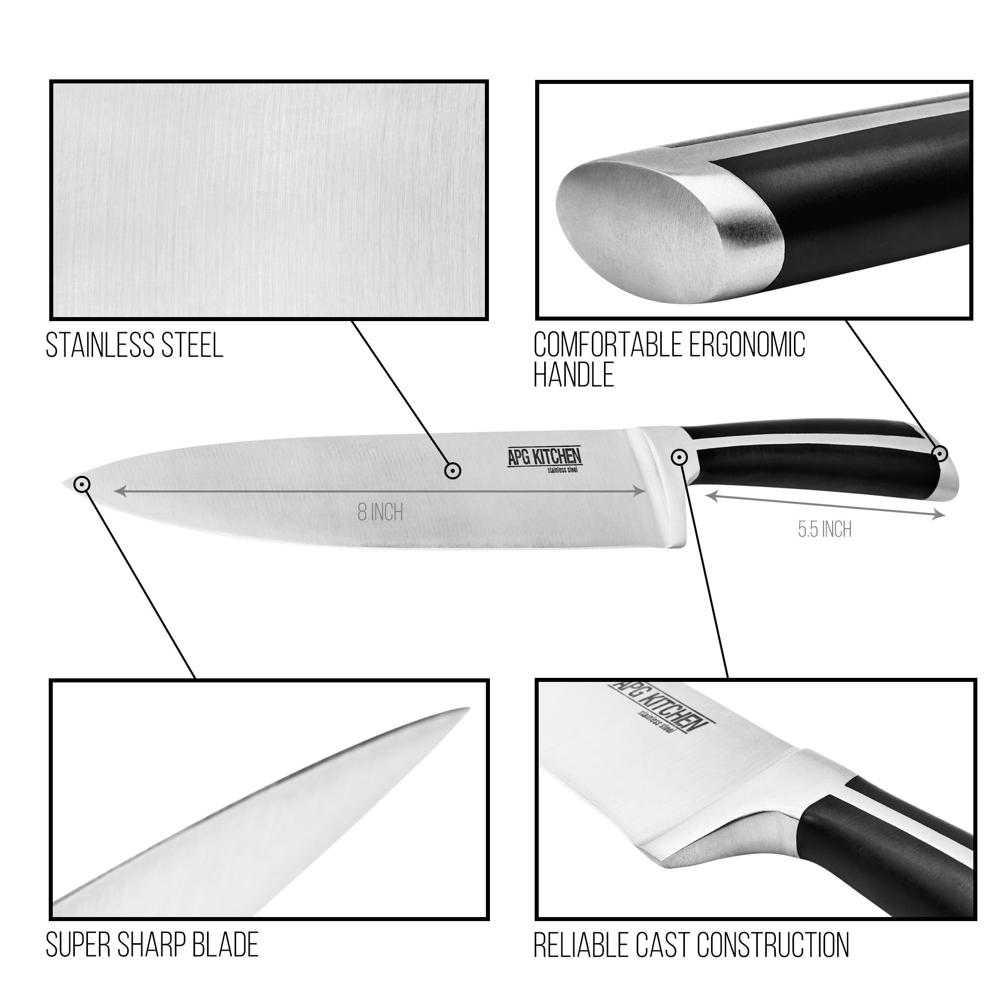 8" Chef Knife by APG Kitchen Best 8inch Razor Sharp Chef's Knife with Ergonomic