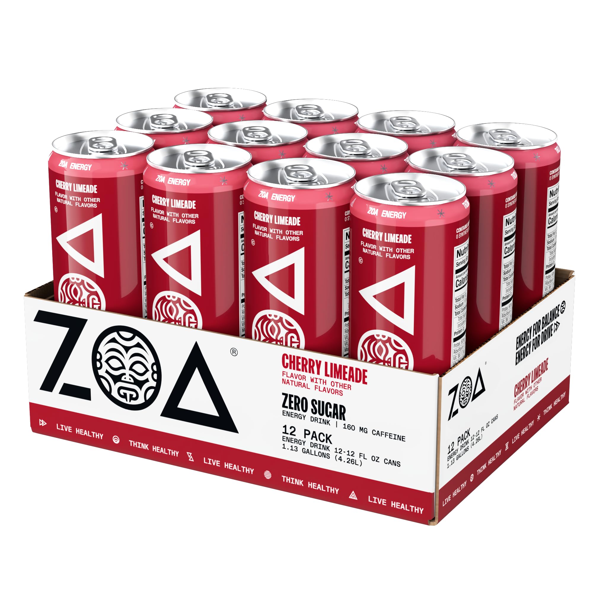 ZOA Zero Sugar Energy Drinks, Cherry Limeade - Sugar Free with Electrolytes, Healthy Vitamin C, Amino Acids, Essential B-Vitamins, and Caffeine from Green Tea - 12 Fl Oz (12-Pack)