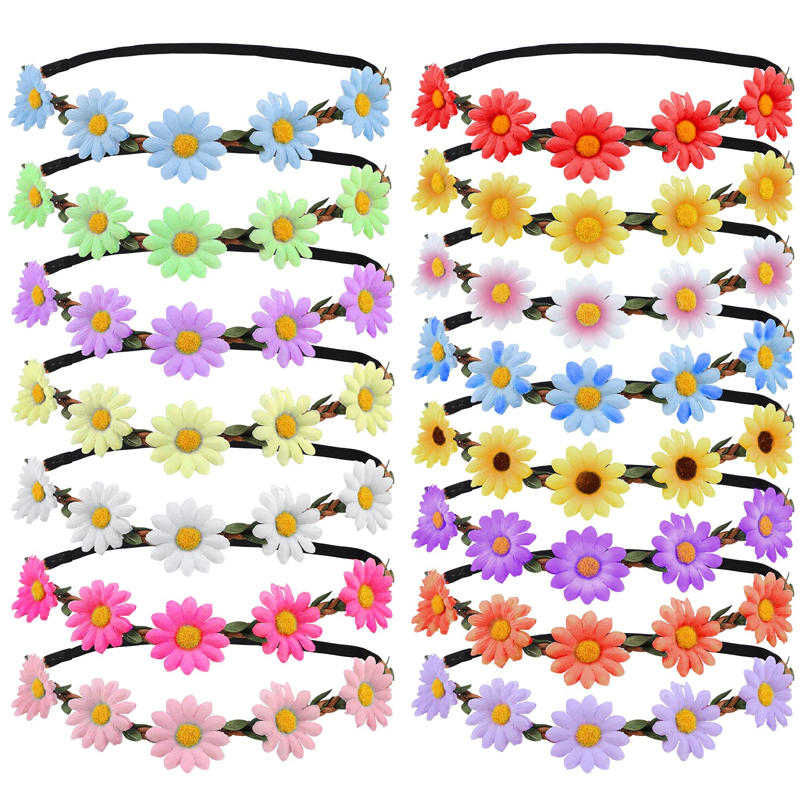 15 Pcs Sunflower Crown Headband,Daisy Flower Hair Bands Garland,Multicolor Adjustable Floral Wreath with Elastic Ribbon,Boho Halo Headpiece for Girls Women Wedding Festival Holiday Party,Seaside Photo