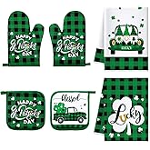 Bencailor 6 Pcs St. Patrick's Day Kitchen Decor Set Kitchen Towels Oven Mitts Pot Holder Irish Shamrocks Leprechauns Gnome Lucky Party Gifts Decorations for Home Housewarming