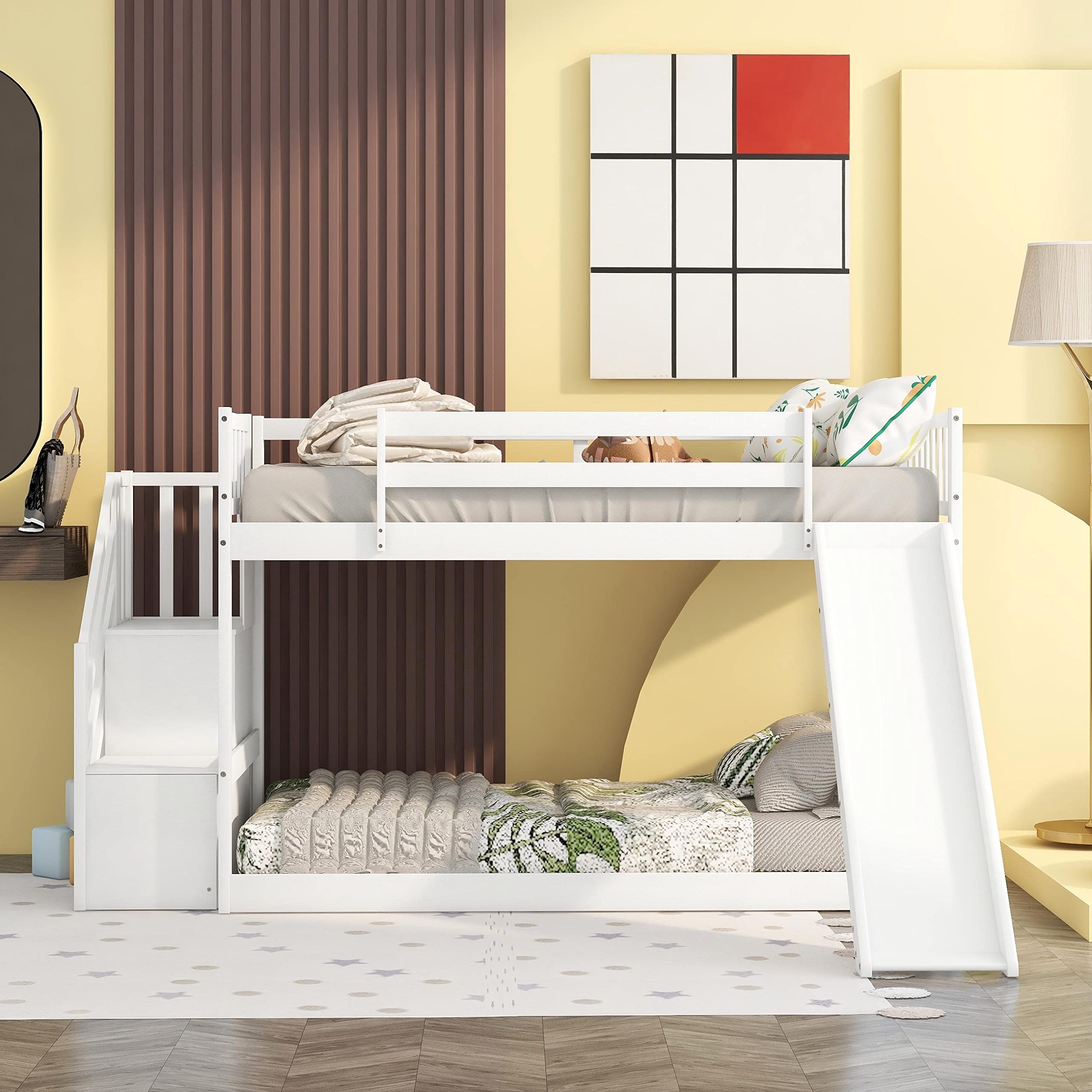 Harper & Bright Designs Twin Over Twin Bunk Bed with Slide and Stairs, White
