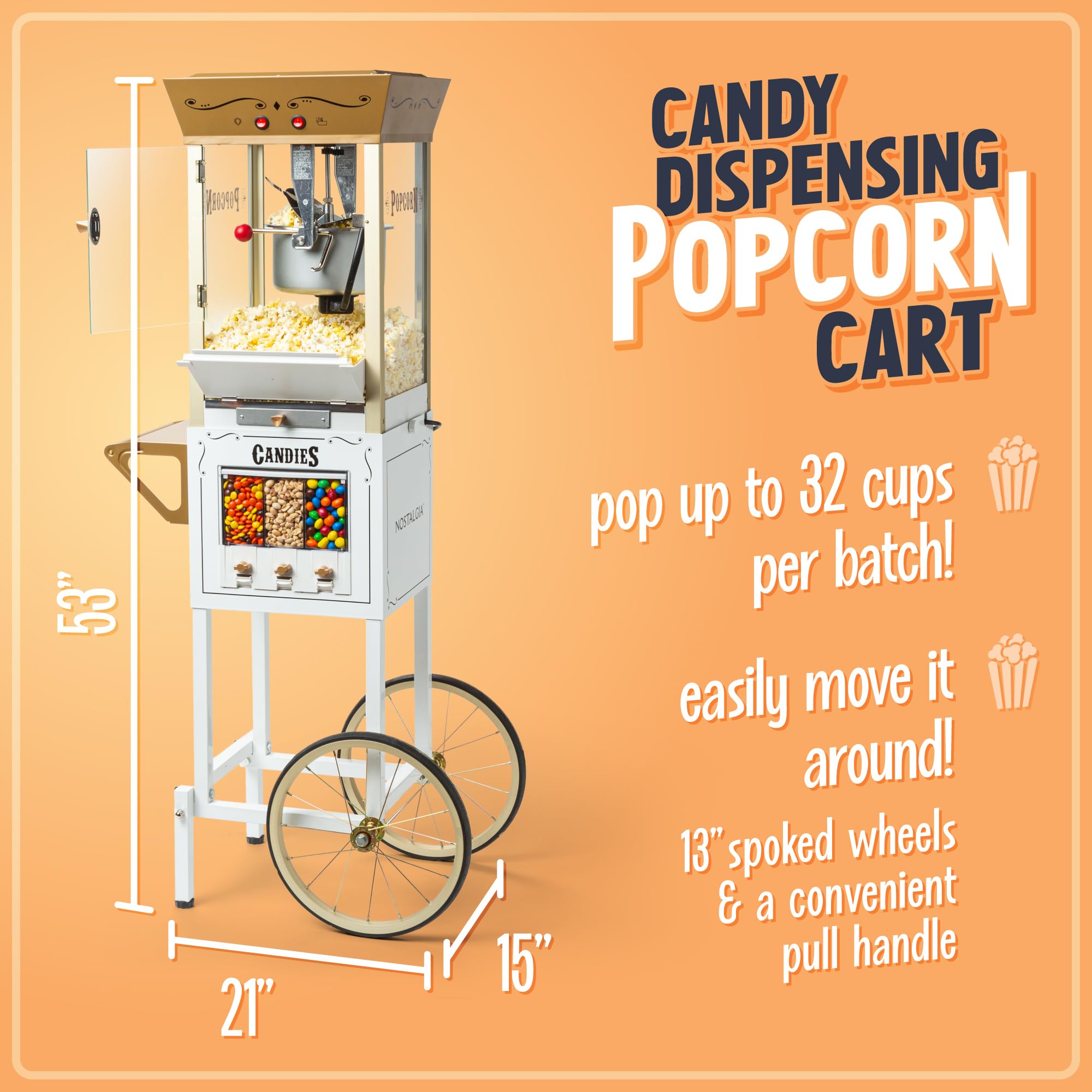Vintage 8 Ounce Professional Popcorn and Dispensing Cart, Makes Up to 32 Cups, Three Storage Dispensers for Kernels, Candy, Nuts, Chocolate, Measuring Spoons and -Scoop Included