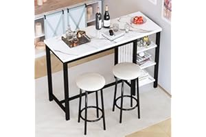 AWQM Home Bar Table Set of 2, 47" White Faux Marble Dining Set with Storage Shelves and Upholstered Leather Bar Height Stools, 3-Piece Kitchen Table for 2 People, Space Saving Table (White & Black)