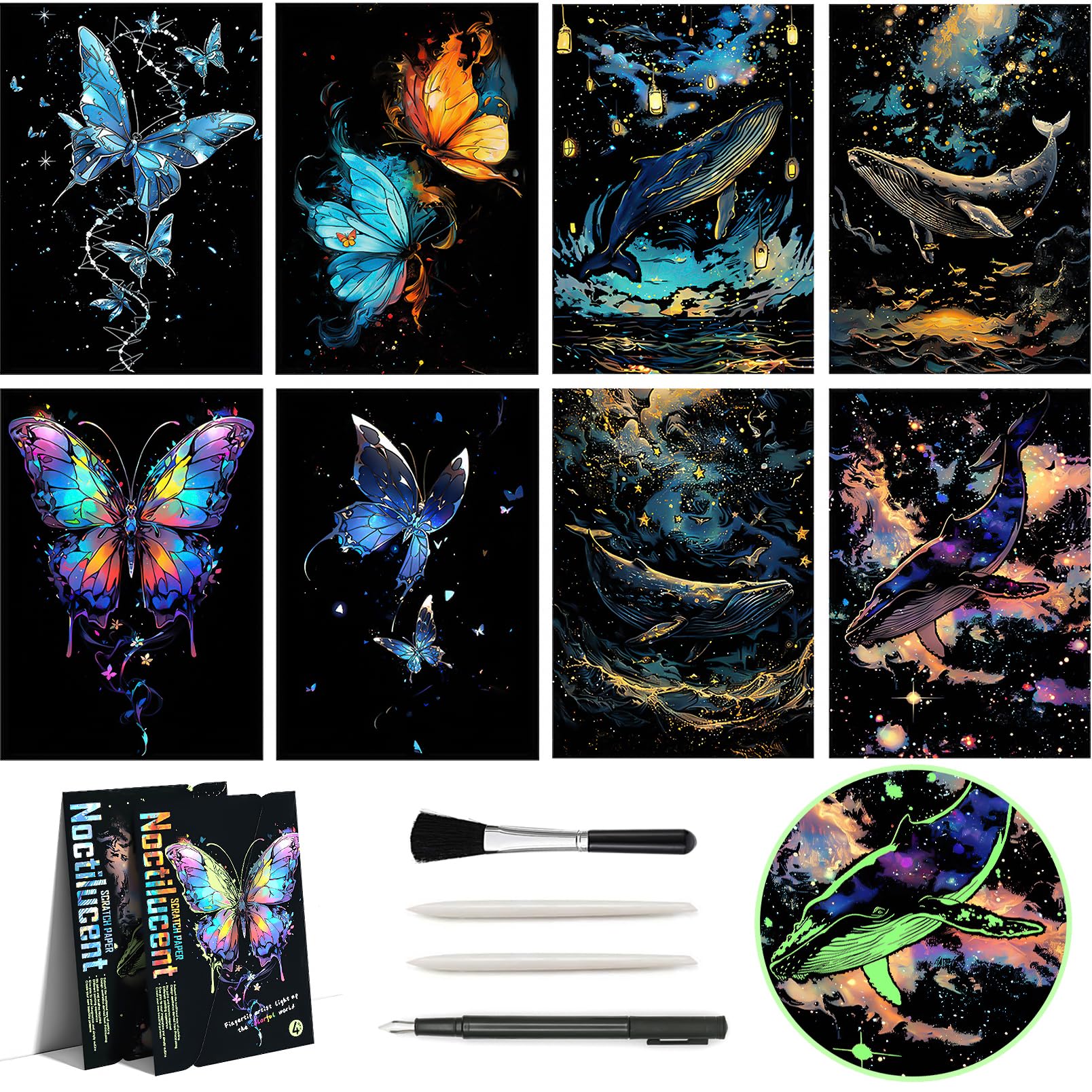 Glow in The Dark Scratch Art for Teens & Adults, Magic Rainbow Engraving Scraping Painting Scratchboard Paper(A4) Creative Crafts Set: 8 Sheets Scratch Cards with 4 Tools (Whales / Butterflies)