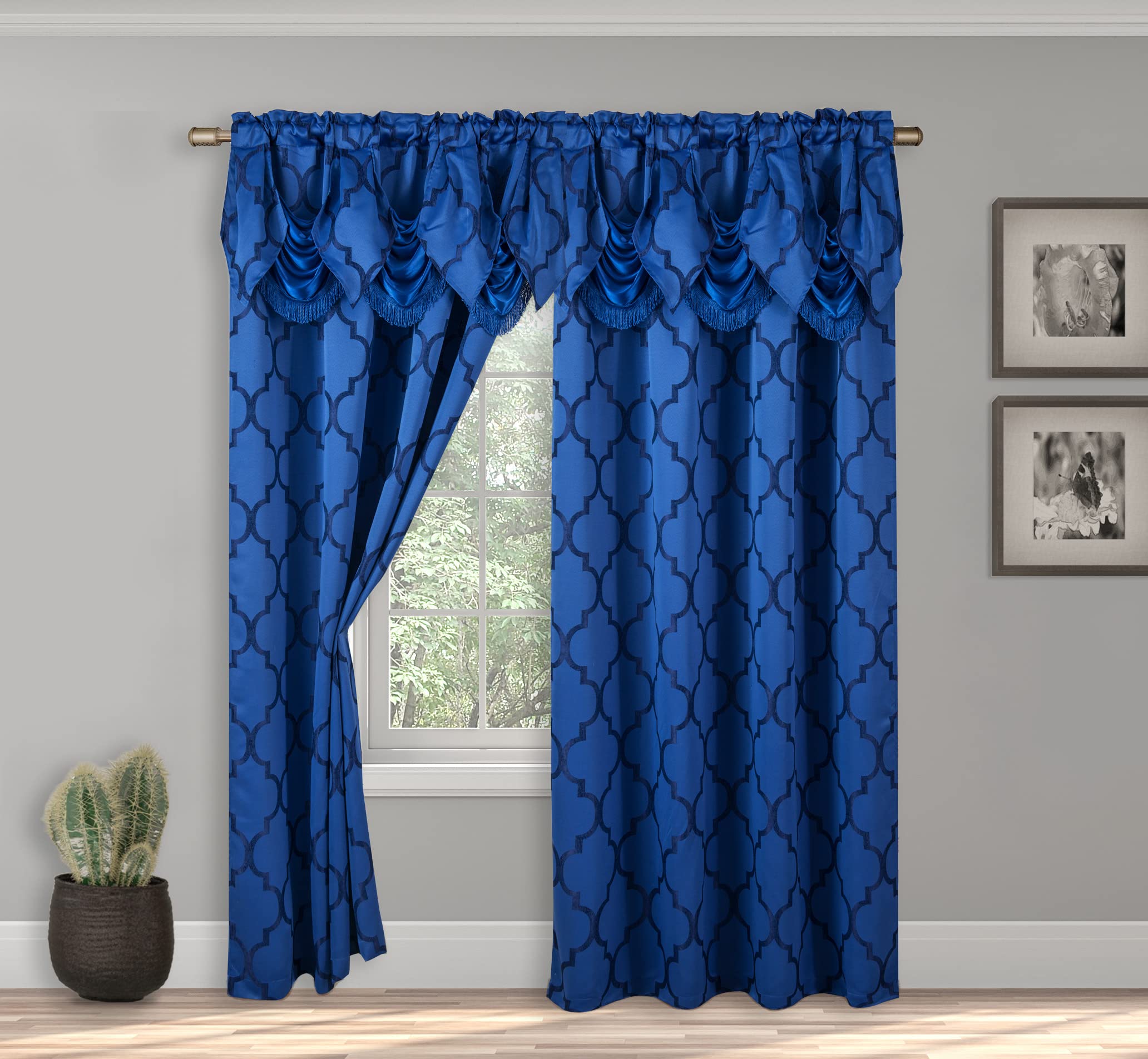 Elegant Comfort Jacquard Look Curtain Panel Set with Attached Waterfall Valance, (Set of 2), 54 x 84 Inches, Quatrefoil Pattern, Royal Blue/Navy