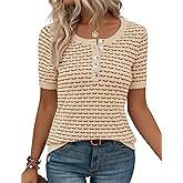 Kistore Womens Short Sleeve Sweater Spring Summer Tops Dressy Casual Lightweight Crewneck Pullover Henley Blouses