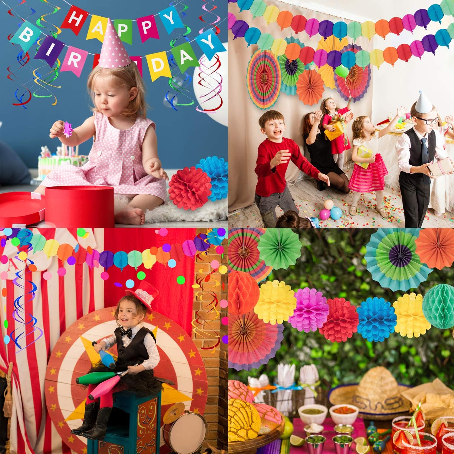 Whaline 28Pcs Colorful Birthday Decorations, Fiesta Hanging Paper Fans,Hanging Swirl,Polka Dot String,Pom Poms Flowers,Happy Birthday Banner,Paper Garland for Birthday Wedding Decor Mexican Party: Toys & Games
