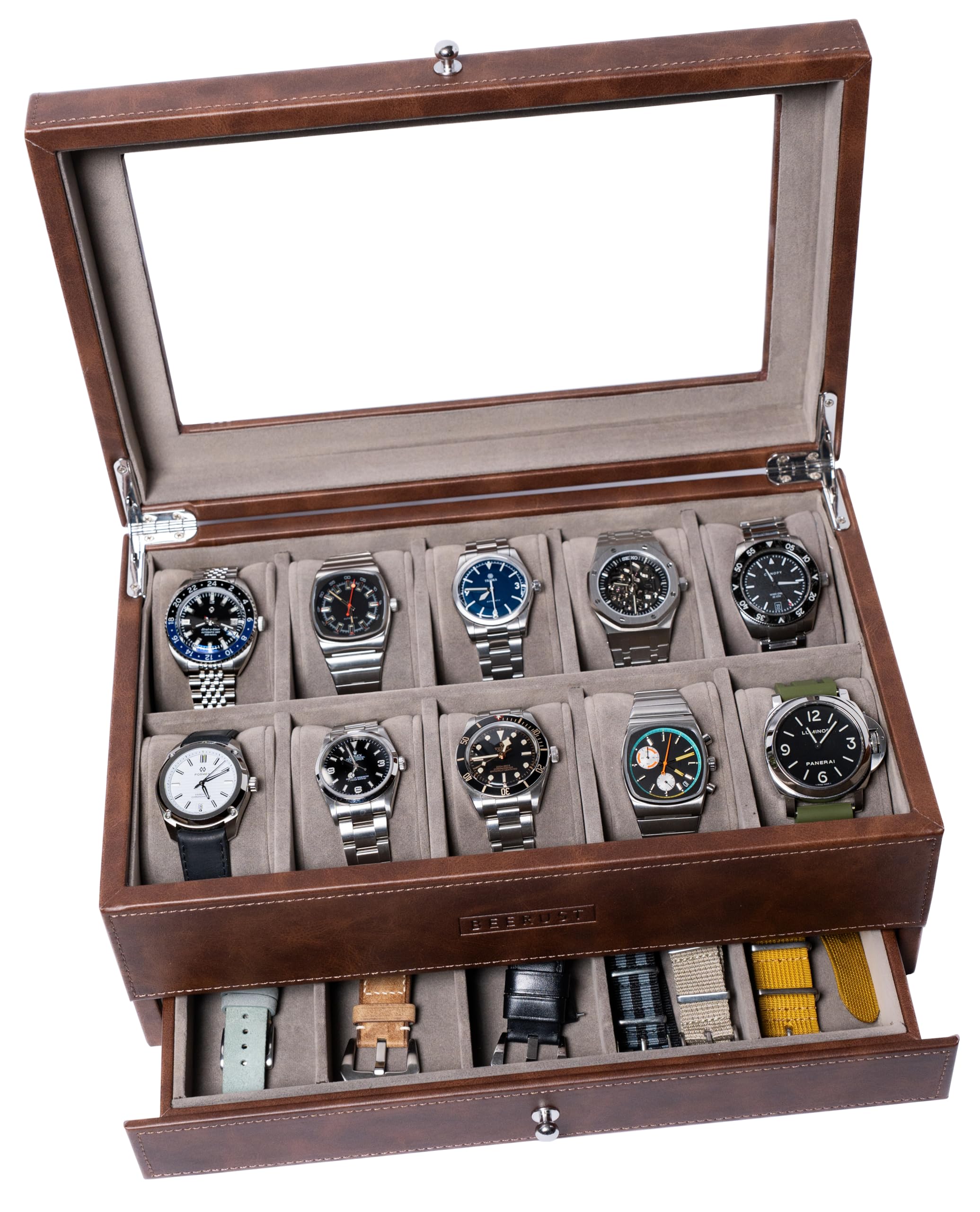 BEERUST 10 Slot Leather Watch Box Organizer for Men - Display Case with Valet Drawer - Ideal for Large Wrist Watches and Jewelry