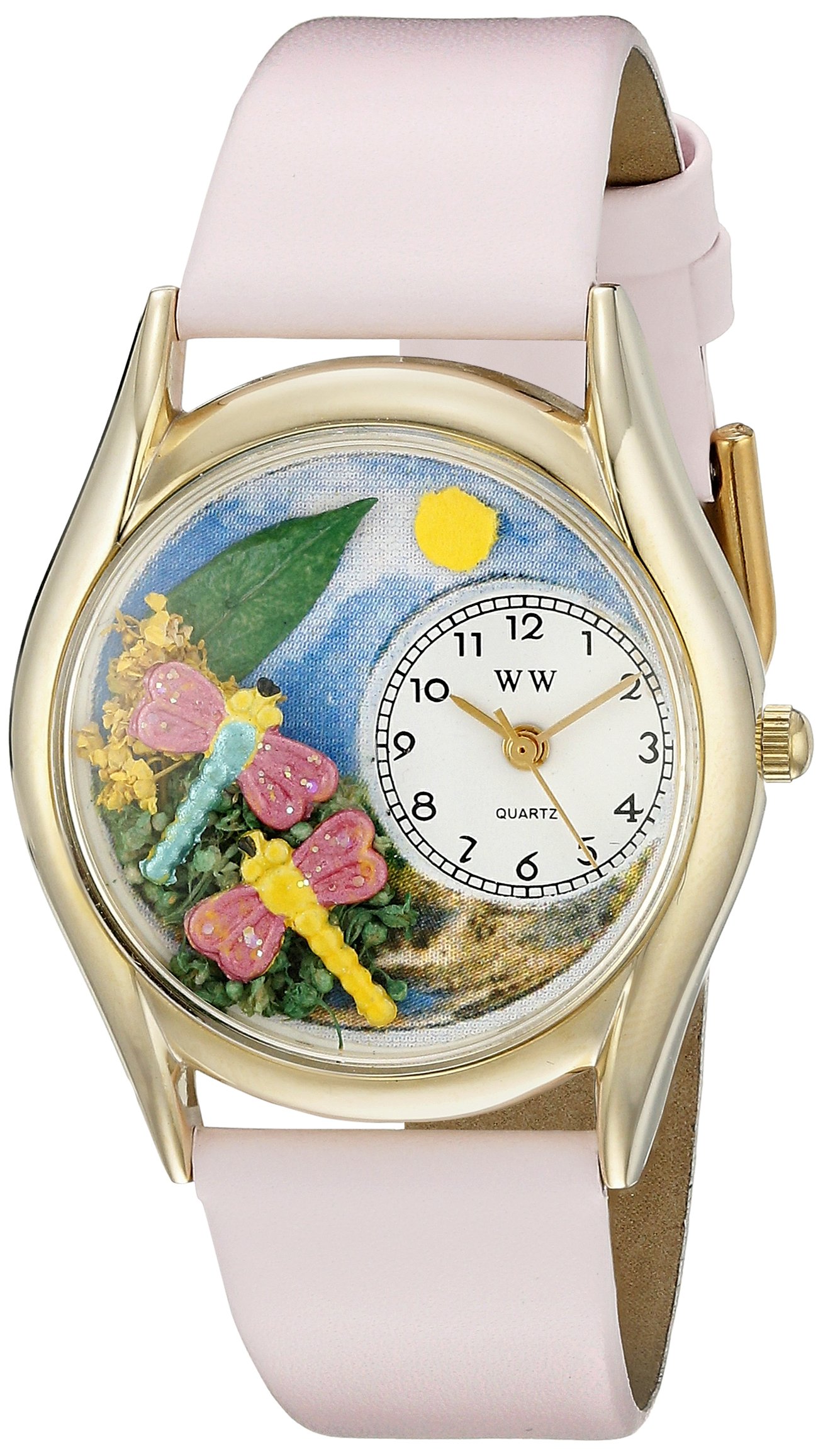 Whimsical Watches Dragonflies Pink Leather and Goldtone Unisex Quartz Watch with White Dial Analogue Display and Multicolour Leather Strap C-1210007