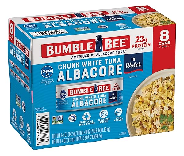 BUMBLE BEE CHUNK WHITE ALBACORE TUNA IN WATER, 5 OZ CAN (PACK OF 8) – WILD CAUGHT TUNA – 23G PROTEIN PER SERVING, HIGH IN OMEGA-3S – NON-GMO PROJECT VERIFIED, GLUTEN FREE, KOSHER