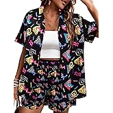 80s 90s 2 Piece Outfits for Women Retro Theme Party Disco Matching Sets Neon Button Down Top and Shorts Sets