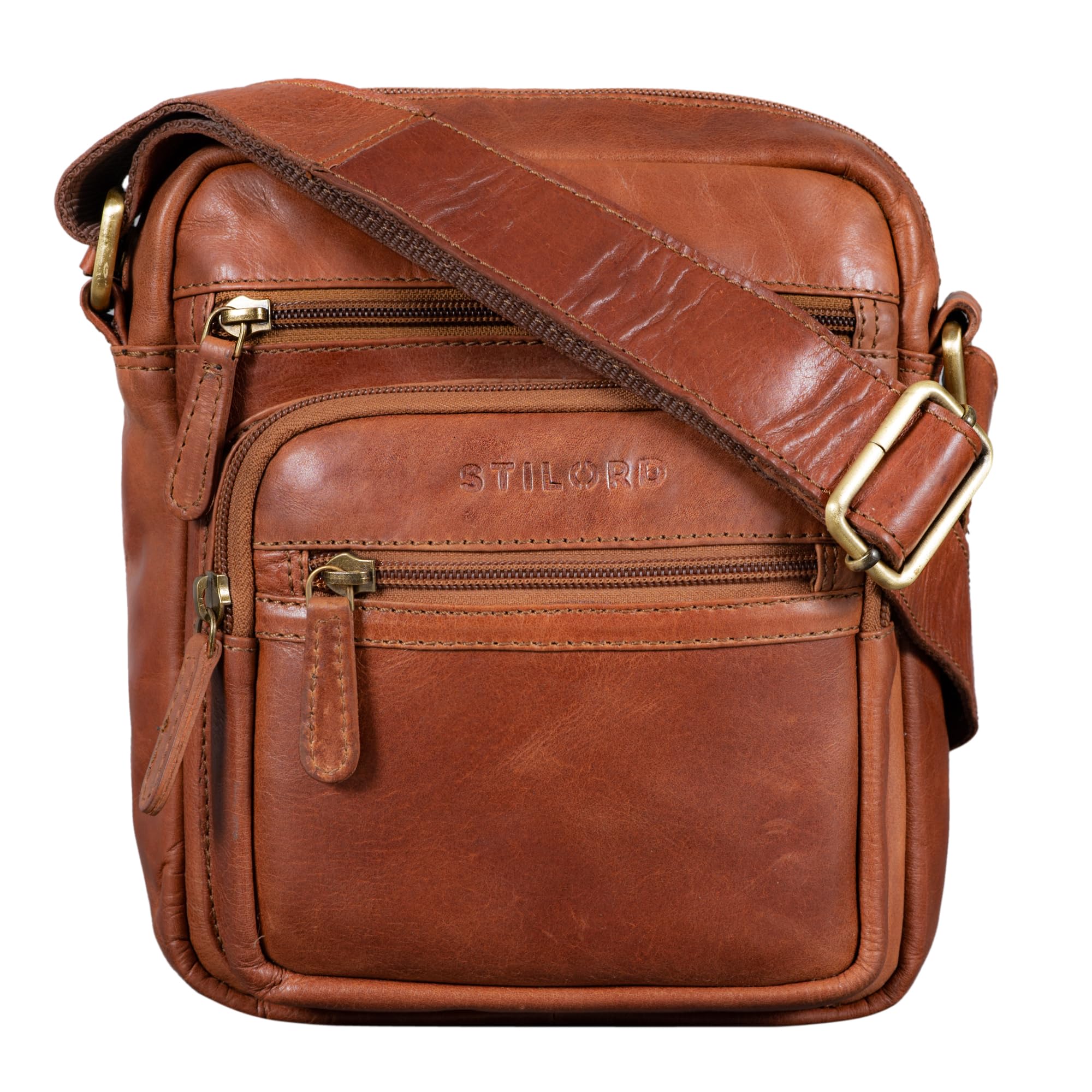 STILORD 'Fabian' Messenger Bag Leather Small 9,7' Tablet Case Cross-Body Shoulder Bag for Men and Women Vintage Everyday Spacious Genuine Leather, Colour:Shiny Cognac Brown