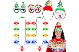 BLOWATA 6PCS Christmas Accessories, Light Up Christmas Necklace Headband Glasses Set, Bulb Necklace Xmas Tree Headbands Lights LED Flashing Santa Eyeglasses for Christmas Party Favors, Christmas Gifts