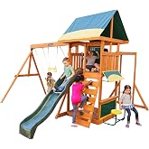 KidKraft Brightside Wooden Swing Set with Monkey Bars | Shaded Cafe Area &amp; Stools, Vinyl Covered Roof, Chalkwall, Wave Slide, Rock Wall, Swings, Acrobar and Sandbox Area