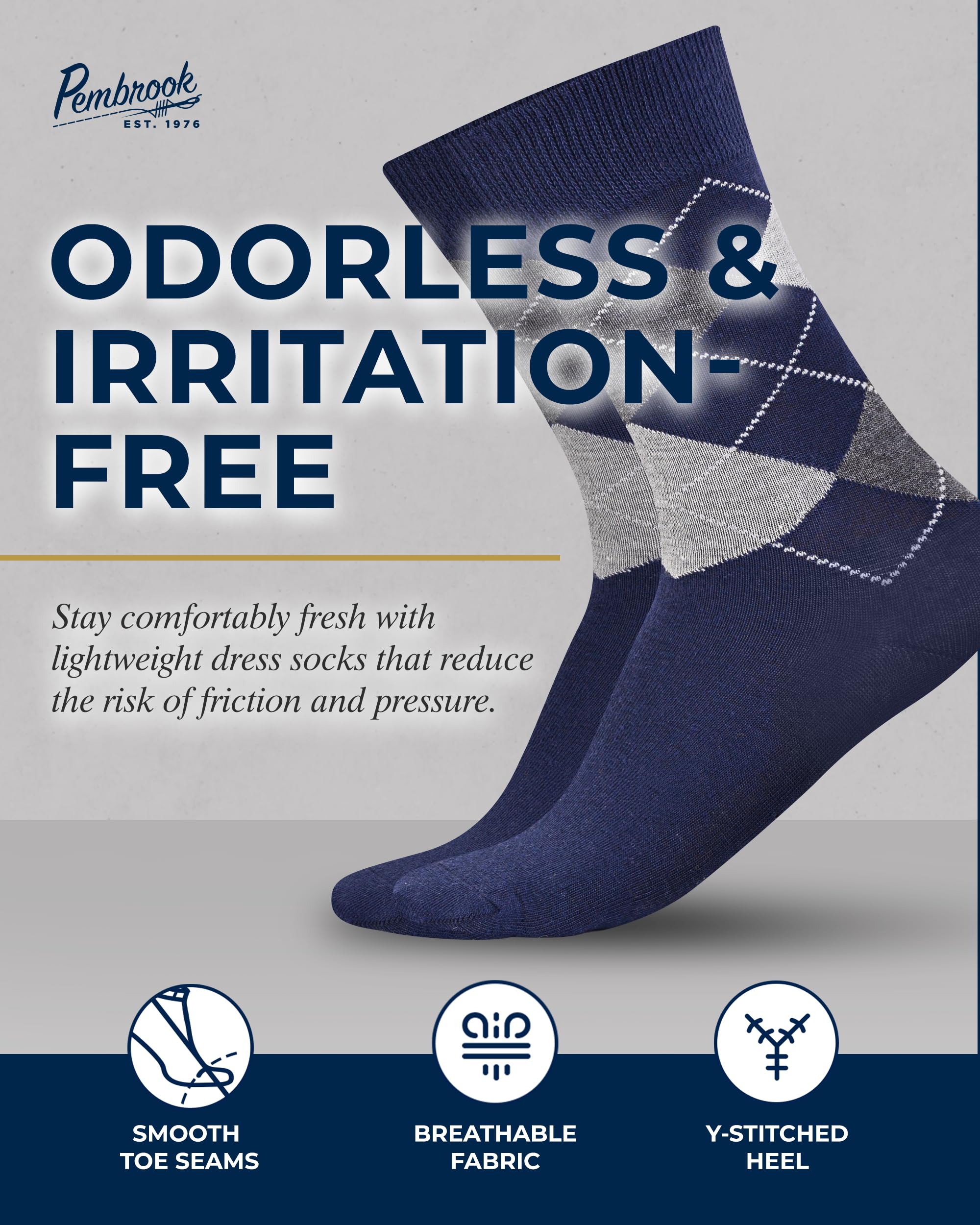 Pembrook Diabetic Dress Socks for Men - 4 Pairs Odor Free Stylish Diabetic Socks for Men Work | Mens Diabetic Socks Casual