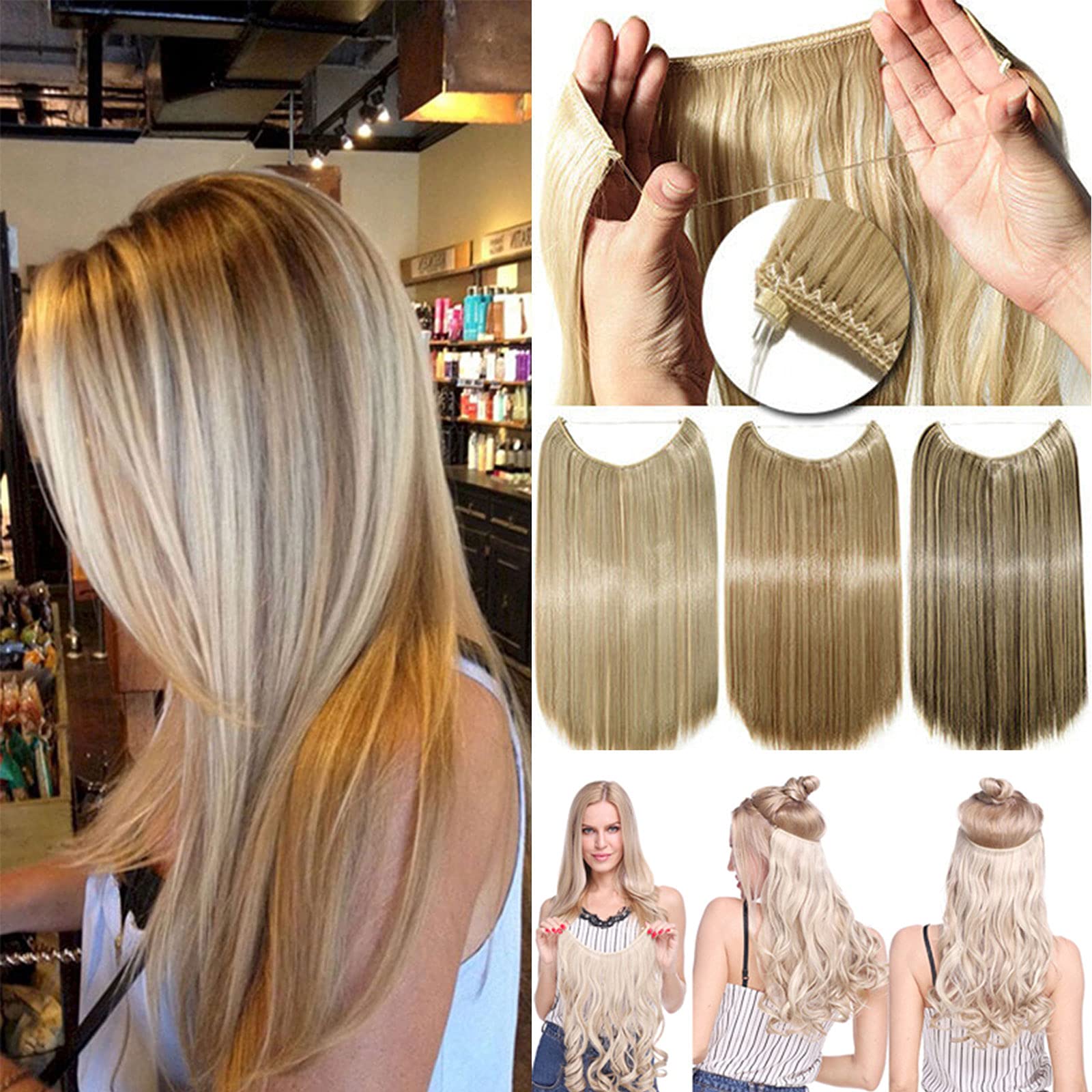 Secret Headband Wire in Natural Hair Extensions Rubber Band Straight Curly Wavy Hairpieces Brown Blonde Ombre for Women 20" Straight - Light Brown to Sandy Blonde