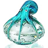 QFkris 4.3" Handmade Octopus Blown Glass Figurine Gift for Valentines Day, Birthday Home Decor Blue-Green Paper Weight