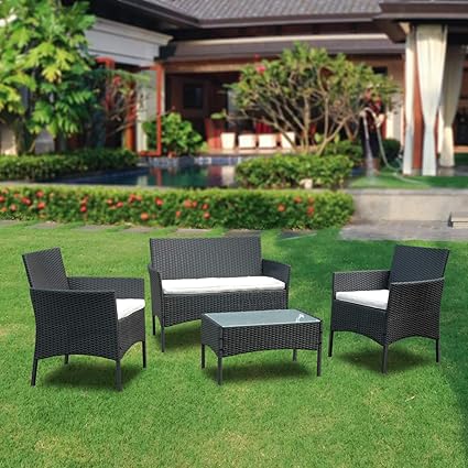 Bmot Gartenlounge Set Balkonmobel Set Fur 4 Personen Schwarz 7 Tlg Mit Tisch Sitzkissen Waschbar Kunststoff Flache Rattanoptik Fur Balkon Oder Terrasse Amazon De Garten Balkonmöbel 4 Personen