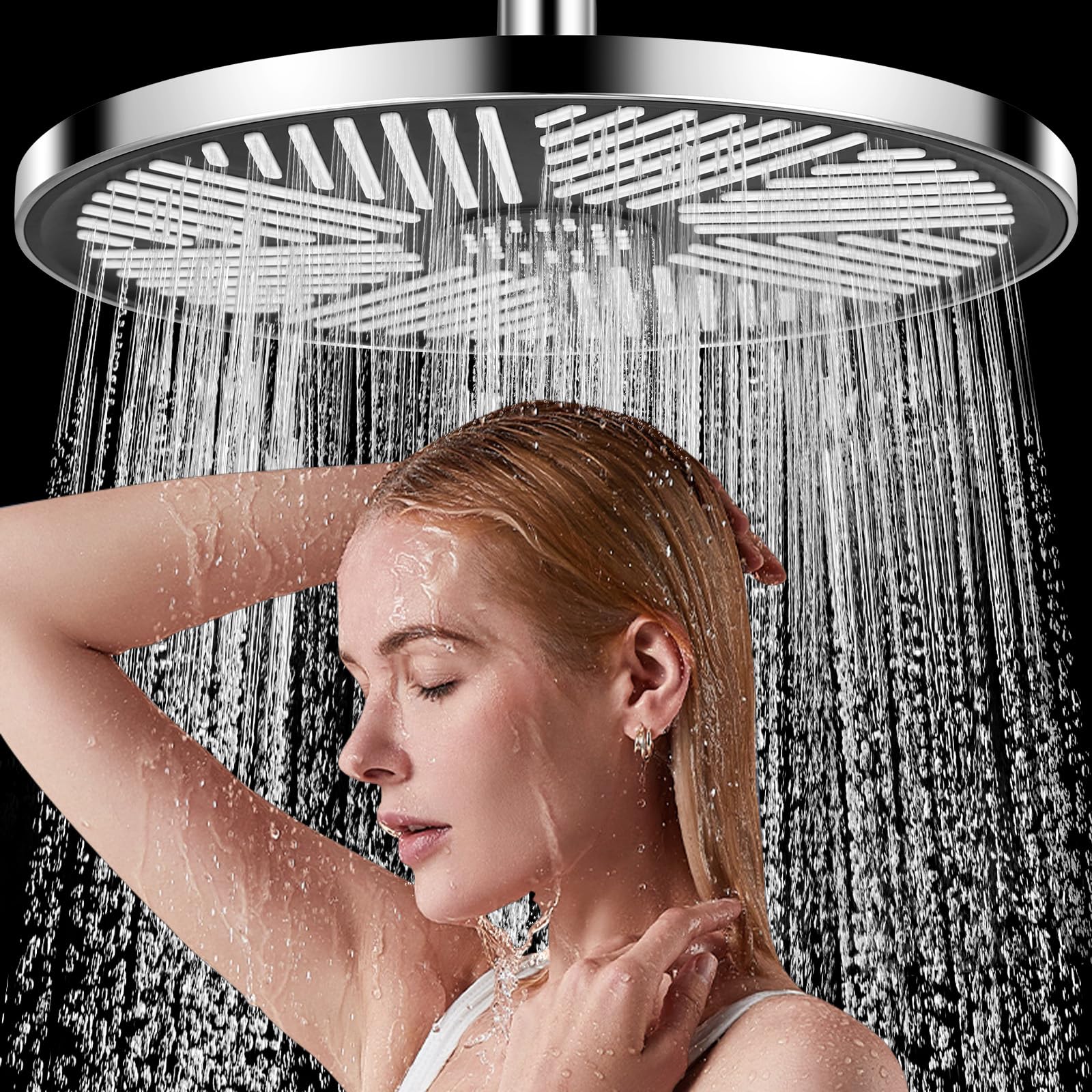 Neulriscn Waterfall Shower Head, Rainfall Shower Head High Pressure, 10 Inch Round Overhead Showerhead, Large Rain Shower Heads, Fixed Showerhead Replacement with Chrome Finish Universal Fitting